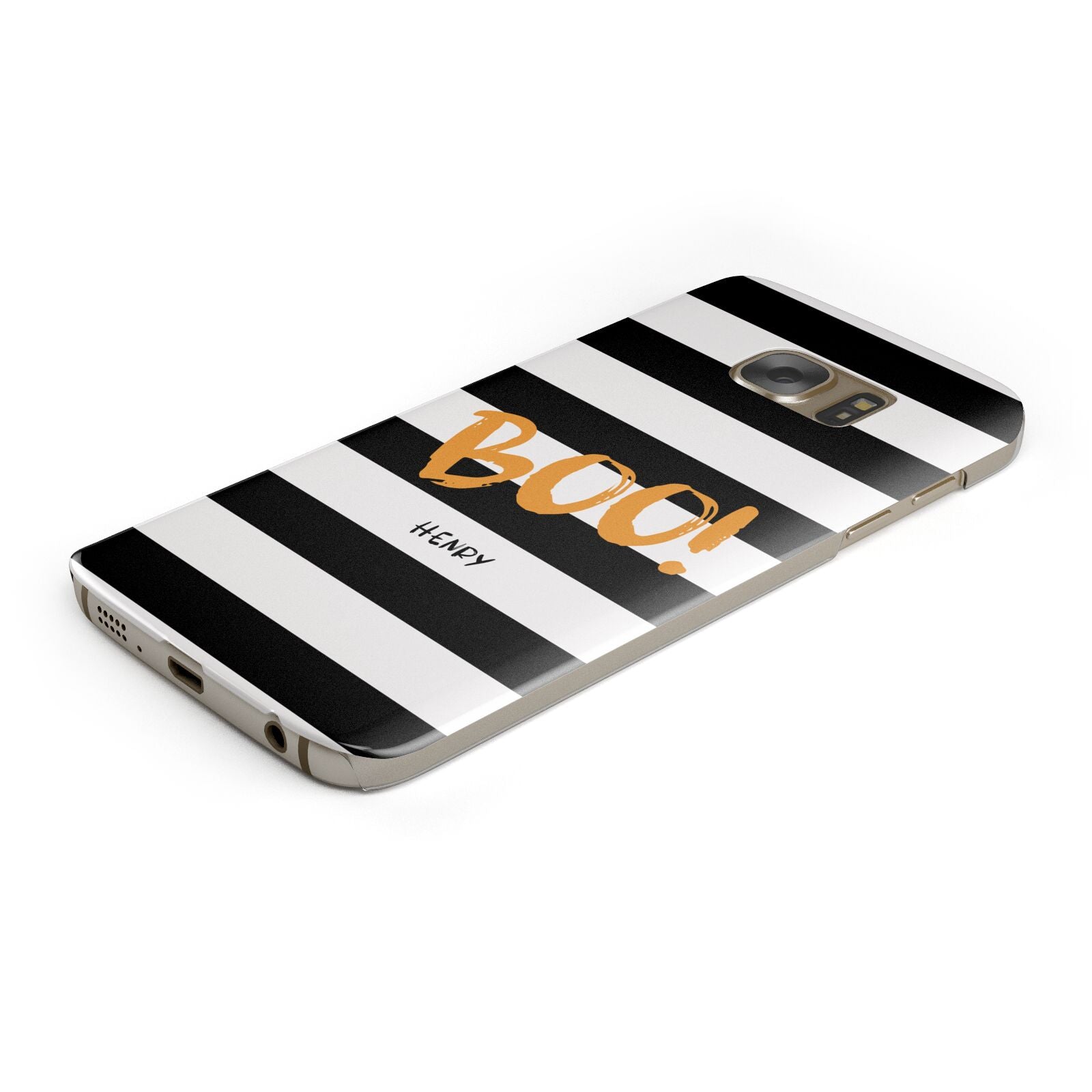 Black White Striped Boo Protective Samsung Galaxy Case Angled Image