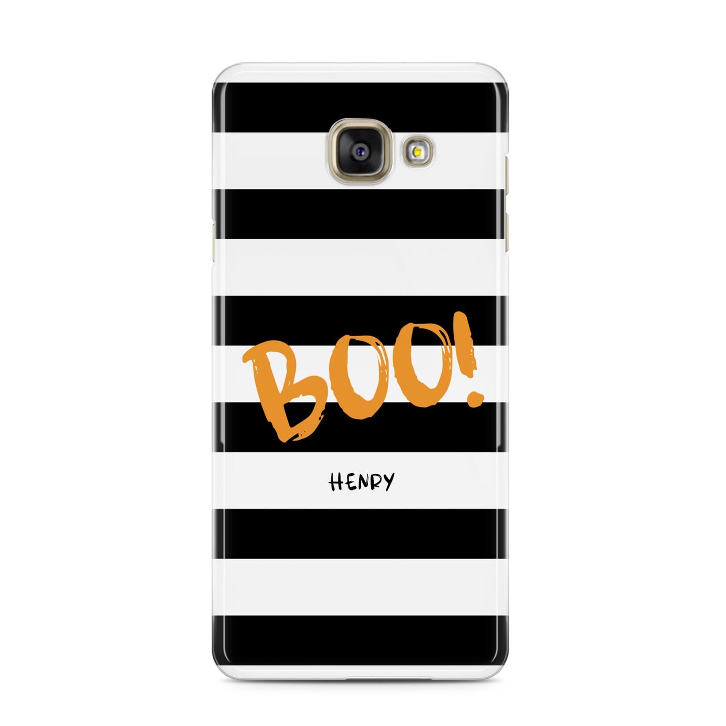 Black White Striped Boo Samsung Galaxy A3 2016 Case on gold phone