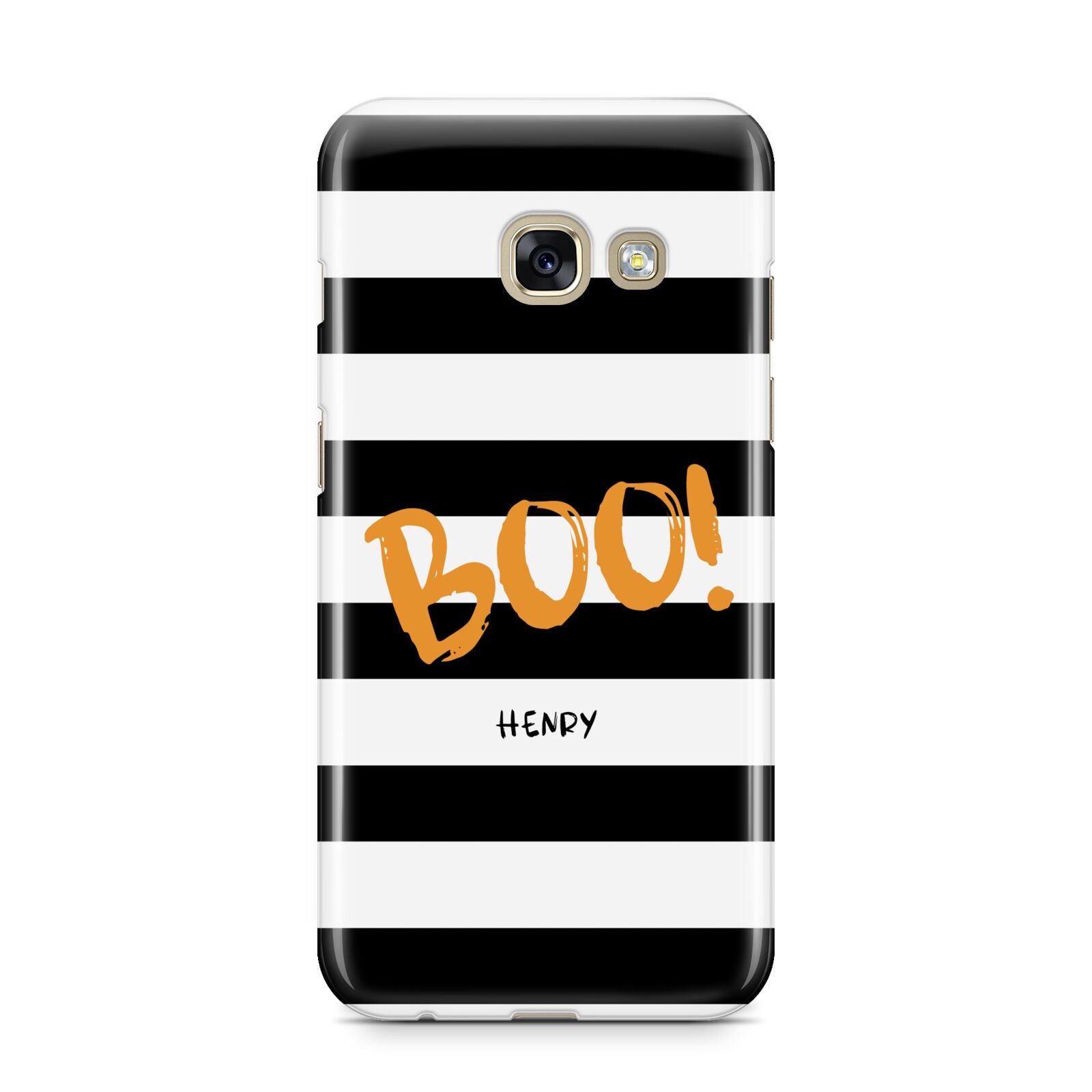 Black White Striped Boo Samsung Galaxy A3 2017 Case on gold phone