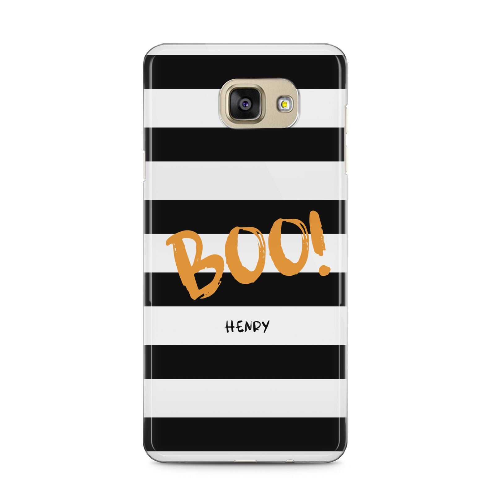 Black White Striped Boo Samsung Galaxy A5 2016 Case on gold phone