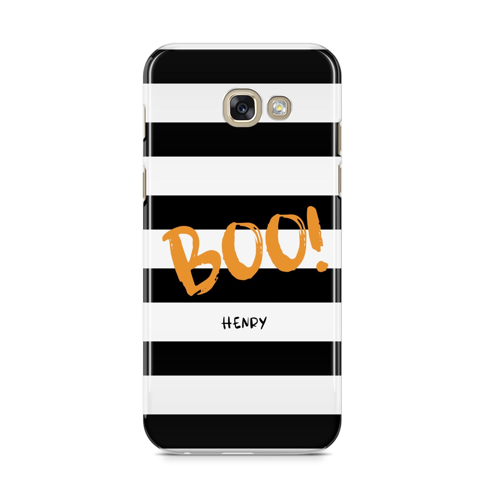 Black White Striped Boo Samsung Galaxy A5 2017 Case on gold phone