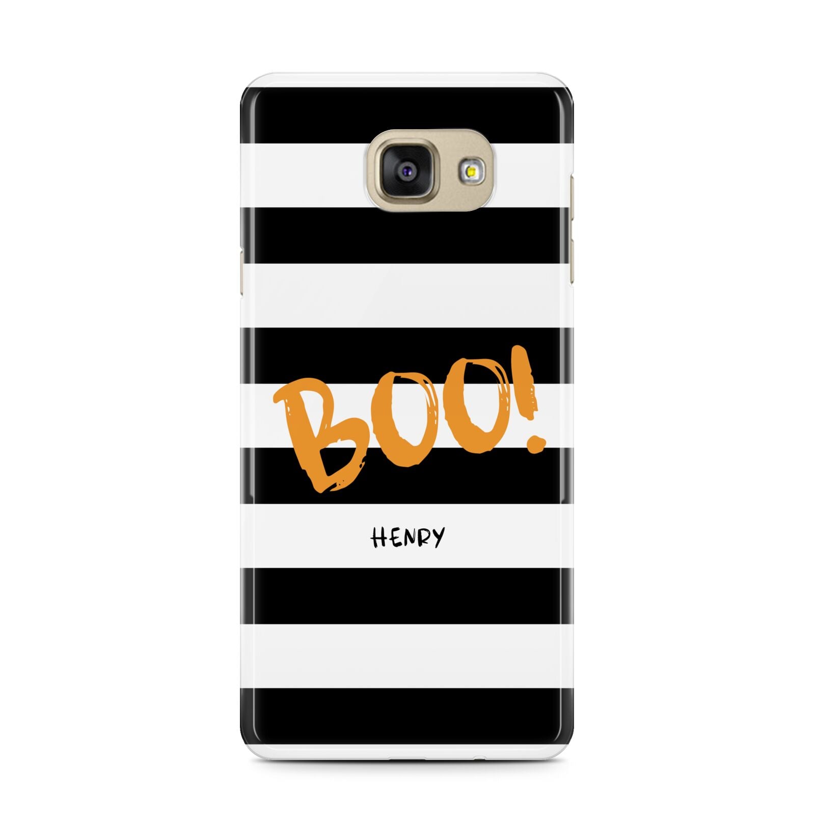 Black White Striped Boo Samsung Galaxy A7 2016 Case on gold phone