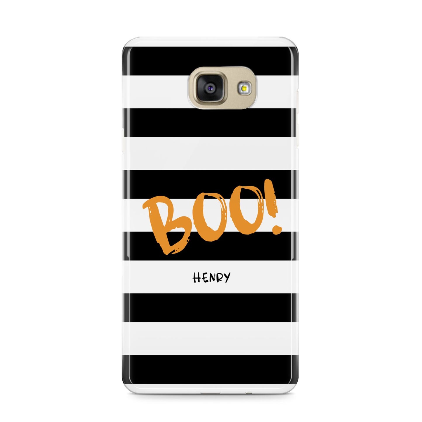 Black White Striped Boo Samsung Galaxy A9 2016 Case on gold phone