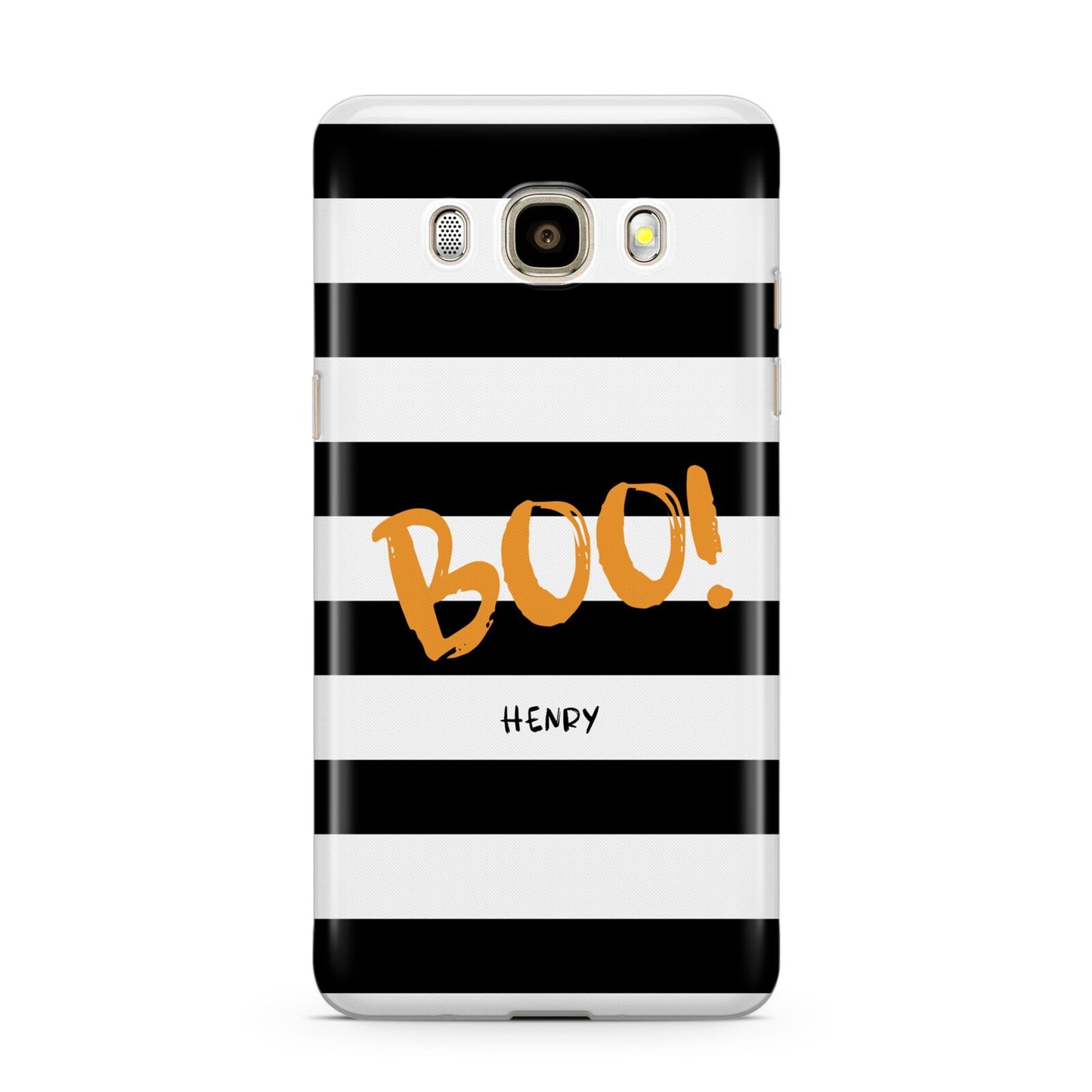 Black White Striped Boo Samsung Galaxy J7 2016 Case on gold phone