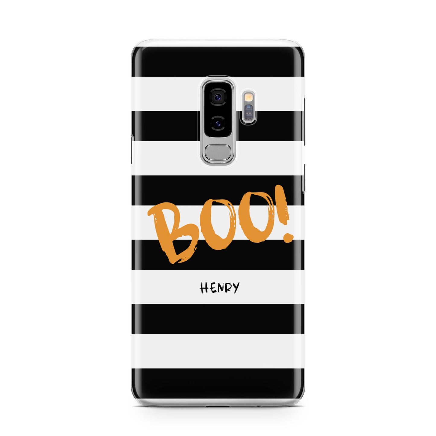 Black White Striped Boo Samsung Galaxy S9 Plus Case on Silver phone