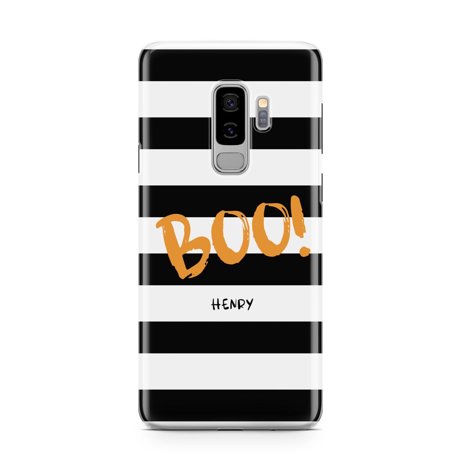 Black White Striped Boo Samsung Galaxy S9 Plus Case on Silver phone