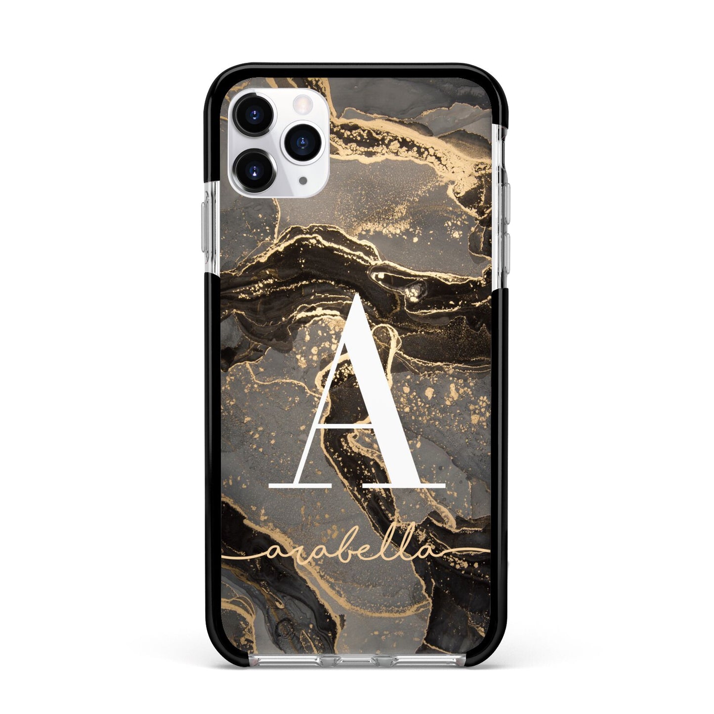 Black and Gold Marble Apple iPhone 11 Pro Max in Silver with Black Impact Case