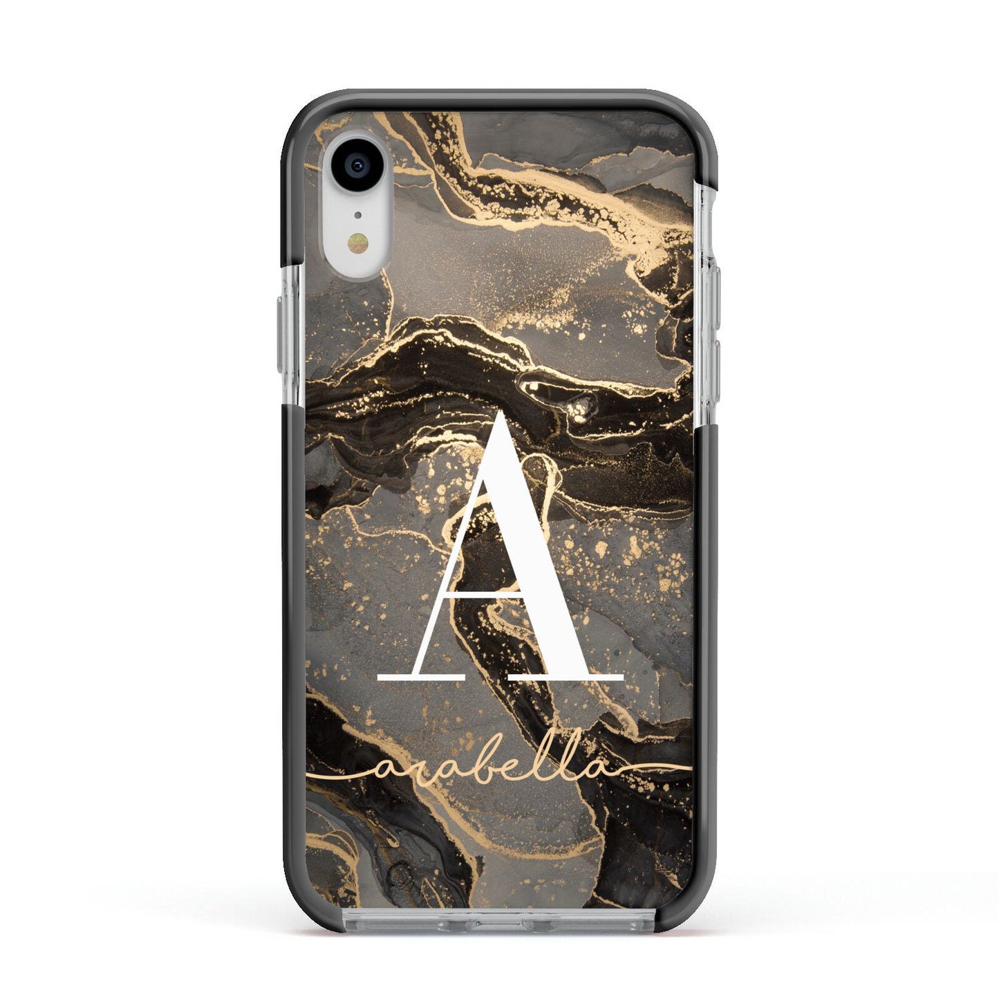 Black and Gold Marble Apple iPhone XR Impact Case Black Edge on Silver Phone