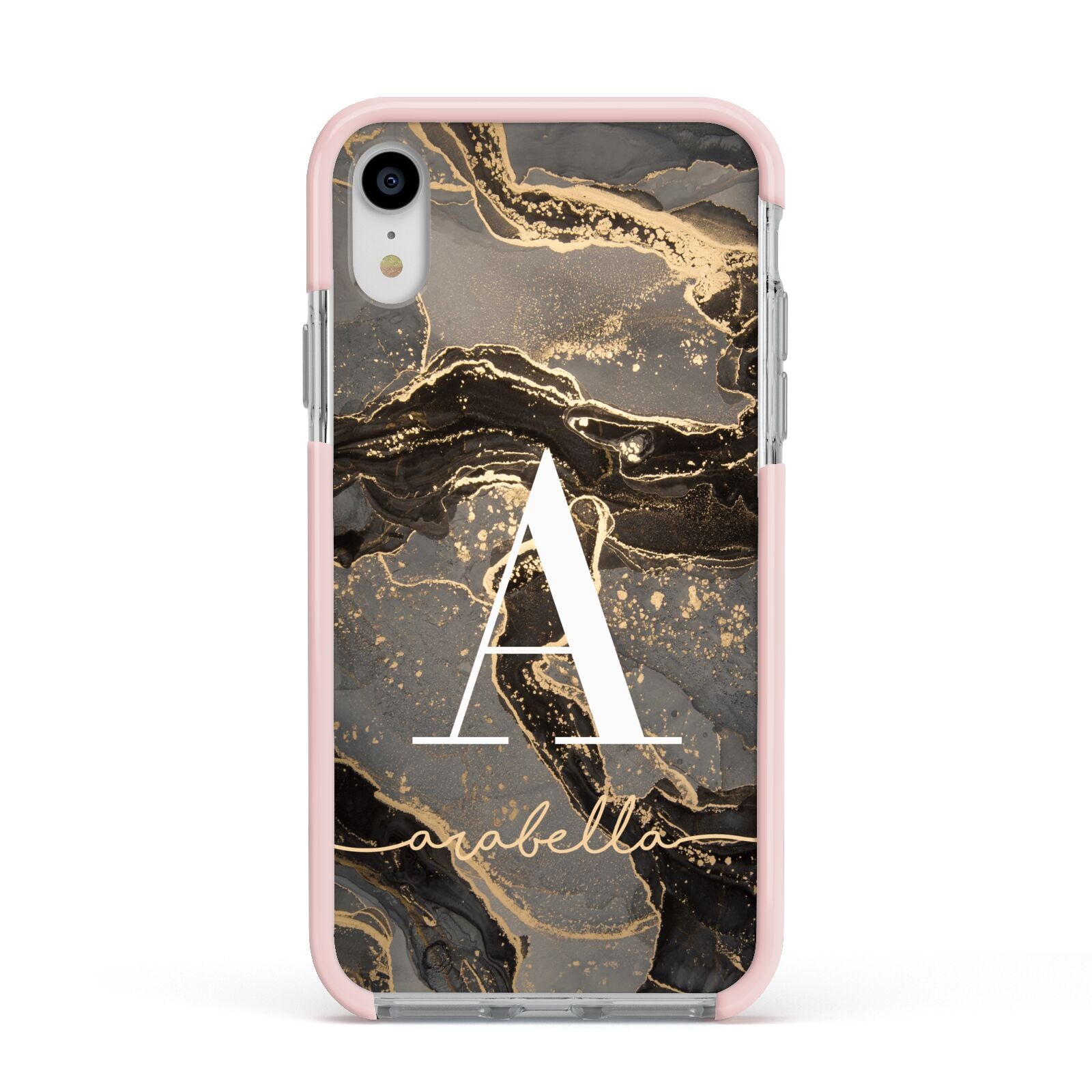 Black and Gold Marble Apple iPhone XR Impact Case Pink Edge on Silver Phone