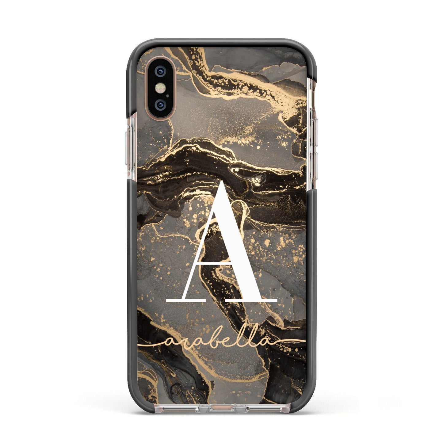 Black and Gold Marble Apple iPhone Xs Impact Case Black Edge on Gold Phone