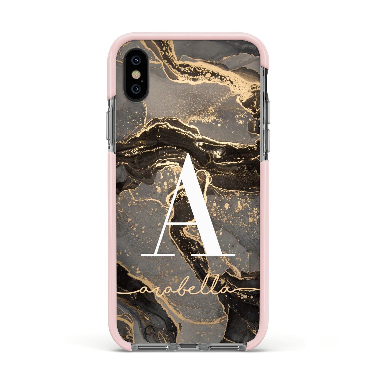 Black and Gold Marble Apple iPhone Xs Impact Case Pink Edge on Black Phone