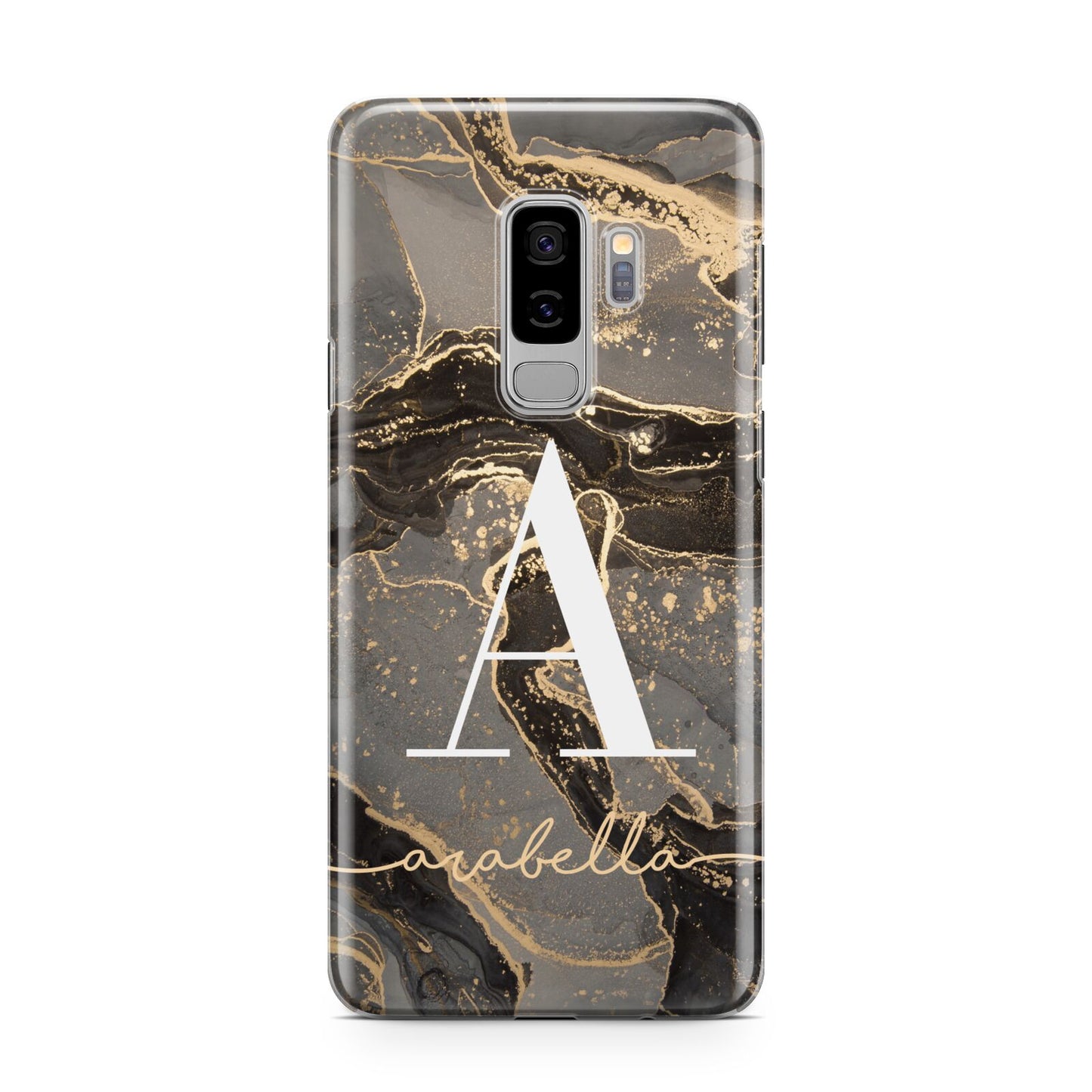 Black and Gold Marble Samsung Galaxy S9 Plus Case on Silver phone