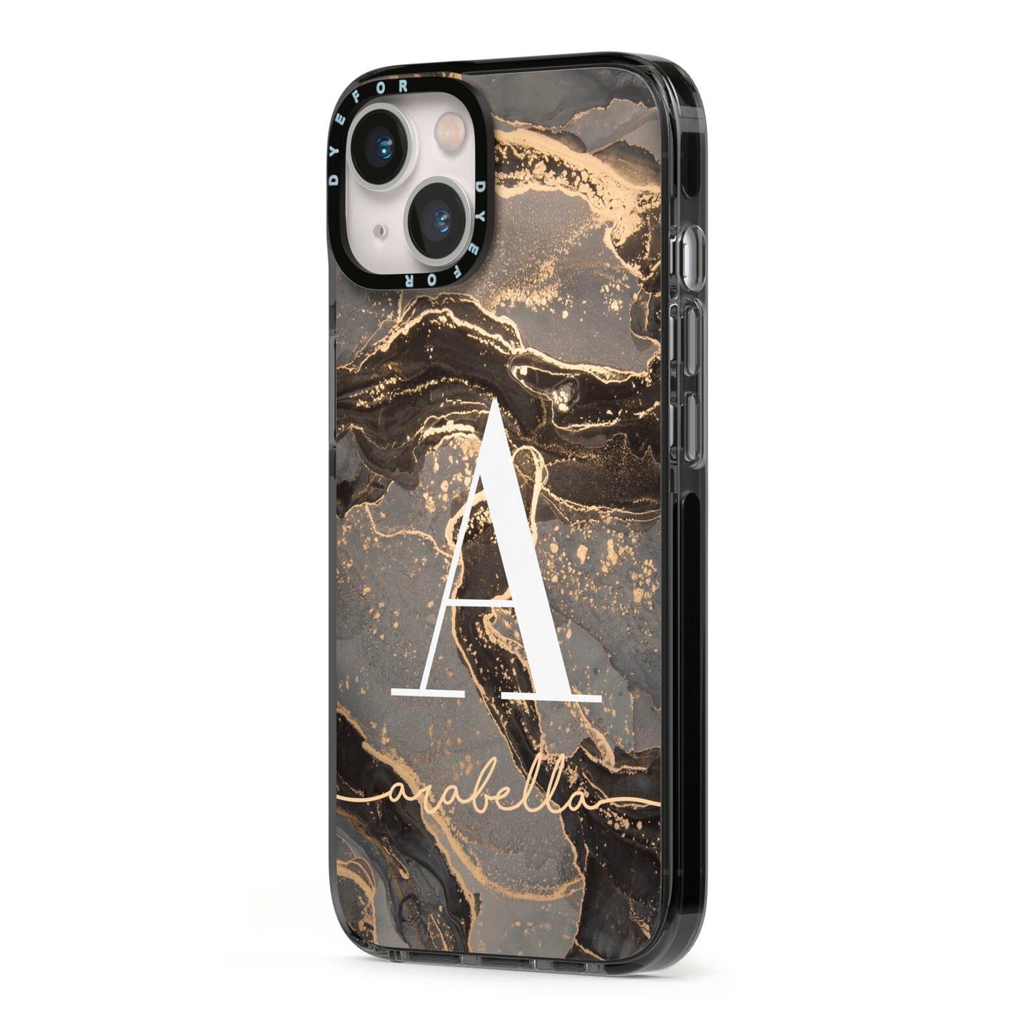 Black and Gold Marble iPhone 13 Black Impact Case Side Angle on Silver phone