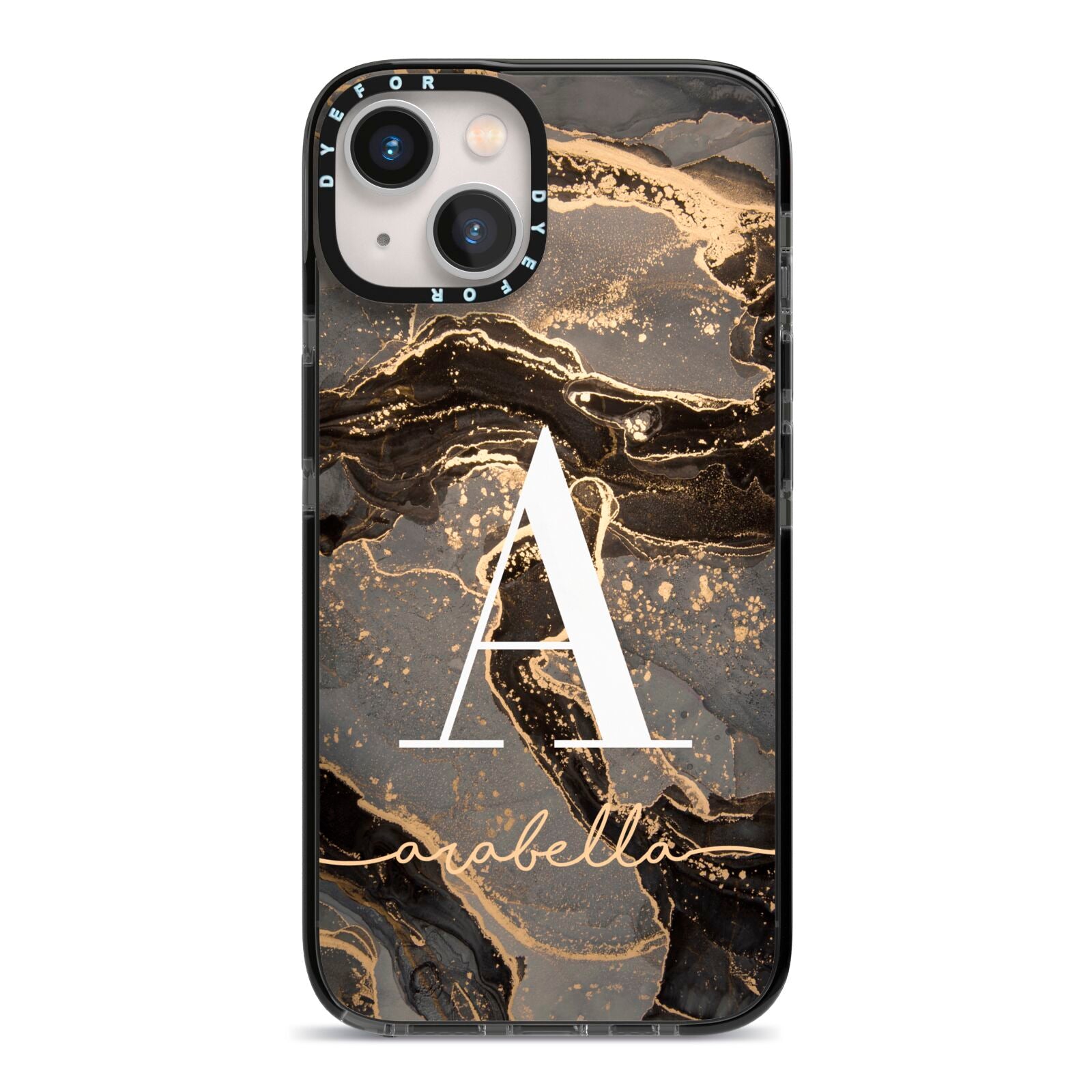 Black and Gold Marble iPhone 13 Black Impact Case on Silver phone
