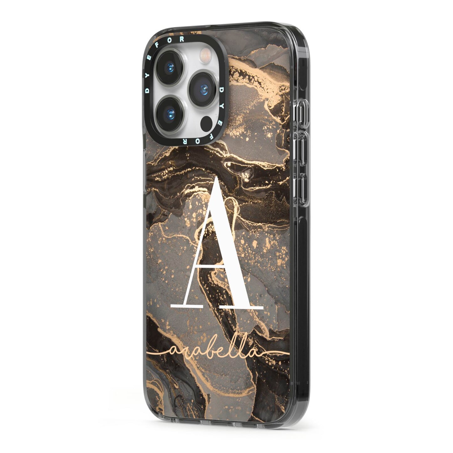 Black and Gold Marble iPhone 13 Pro Black Impact Case Side Angle on Silver phone