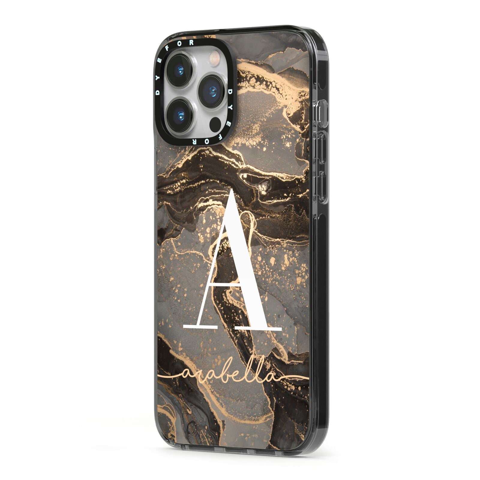 Black and Gold Marble iPhone 13 Pro Max Black Impact Case Side Angle on Silver phone
