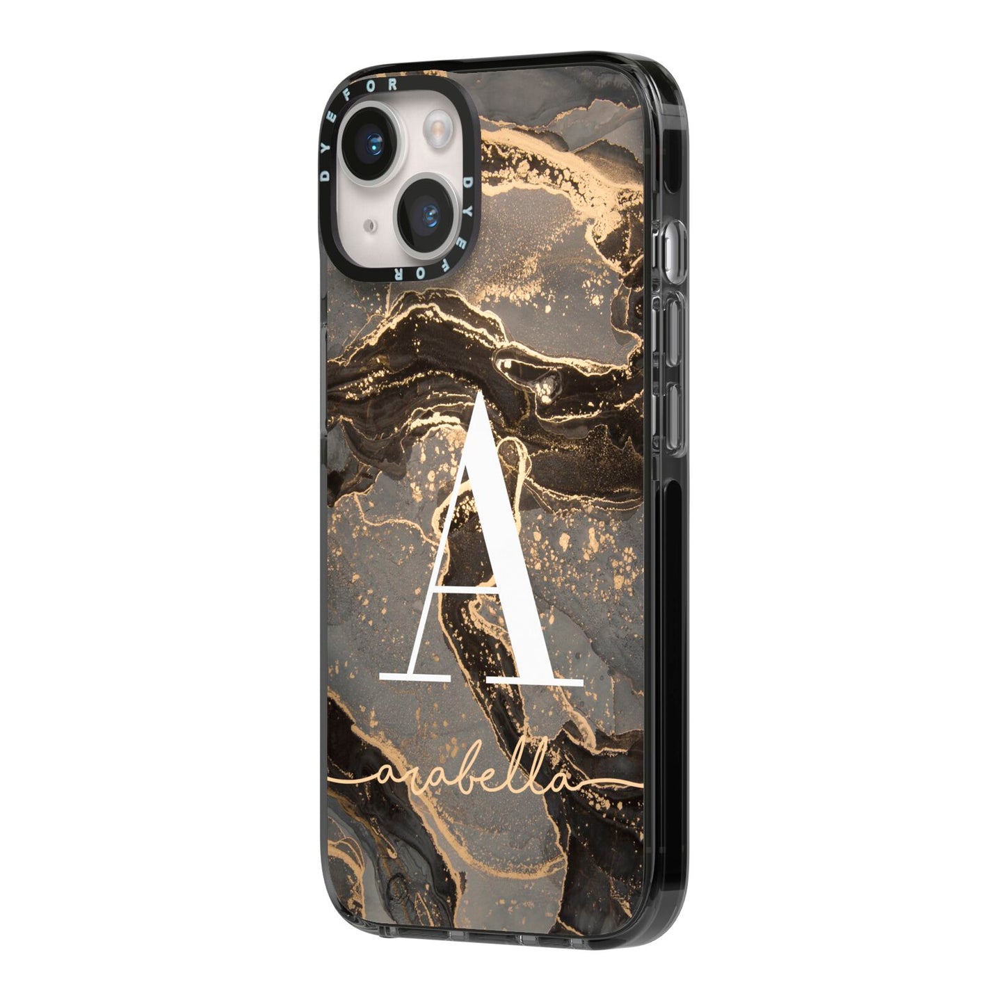 Black and Gold Marble iPhone 14 Black Impact Case Side Angle on Silver phone
