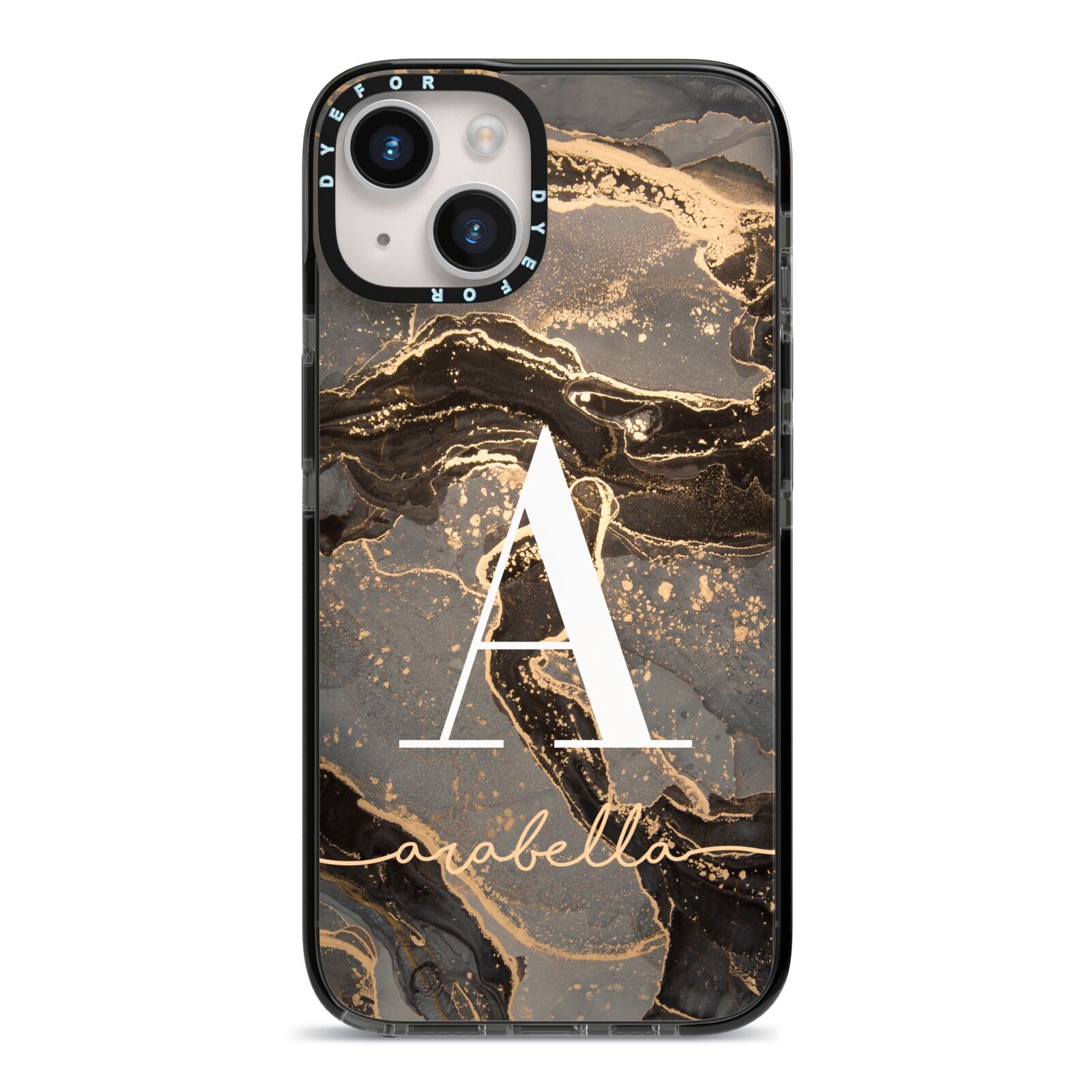 Black and Gold Marble iPhone 14 Black Impact Case on Silver phone