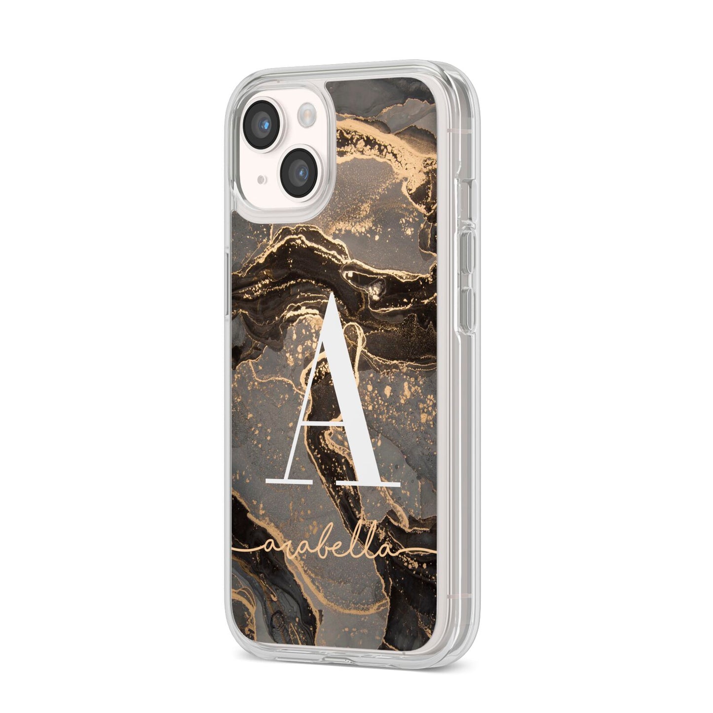 Black and Gold Marble iPhone 14 Clear Tough Case Starlight Angled Image