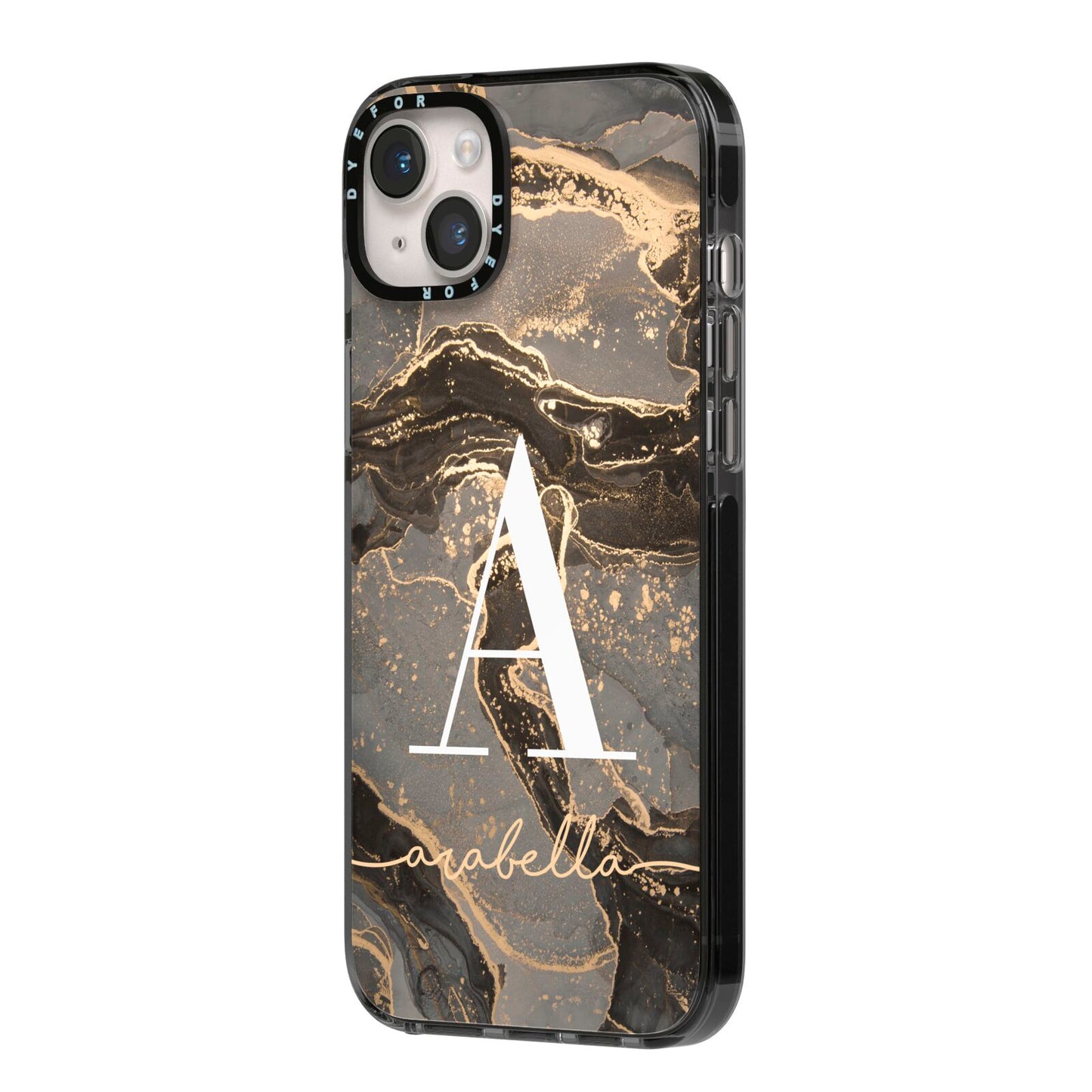 Black and Gold Marble iPhone 14 Plus Black Impact Case Side Angle on Silver phone