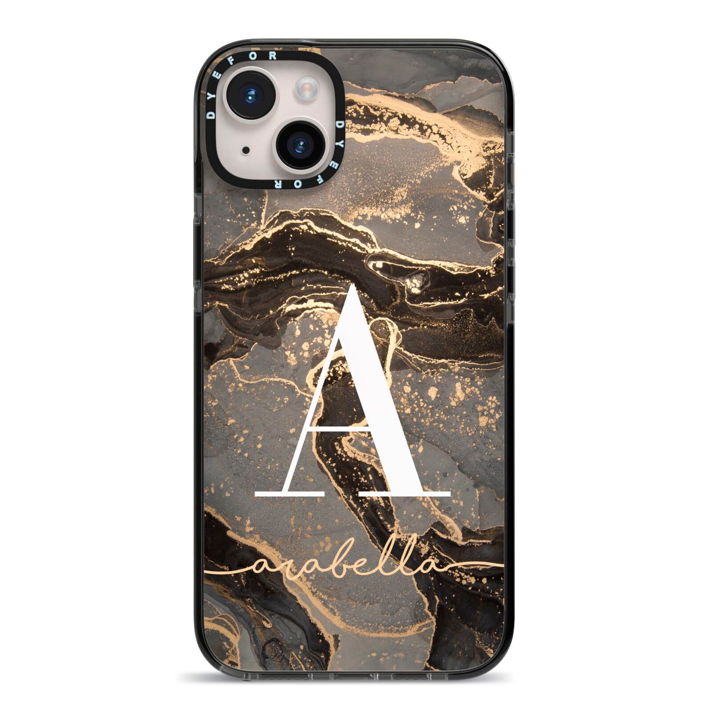 Black and Gold Marble iPhone 14 Plus Black Impact Case on Silver phone