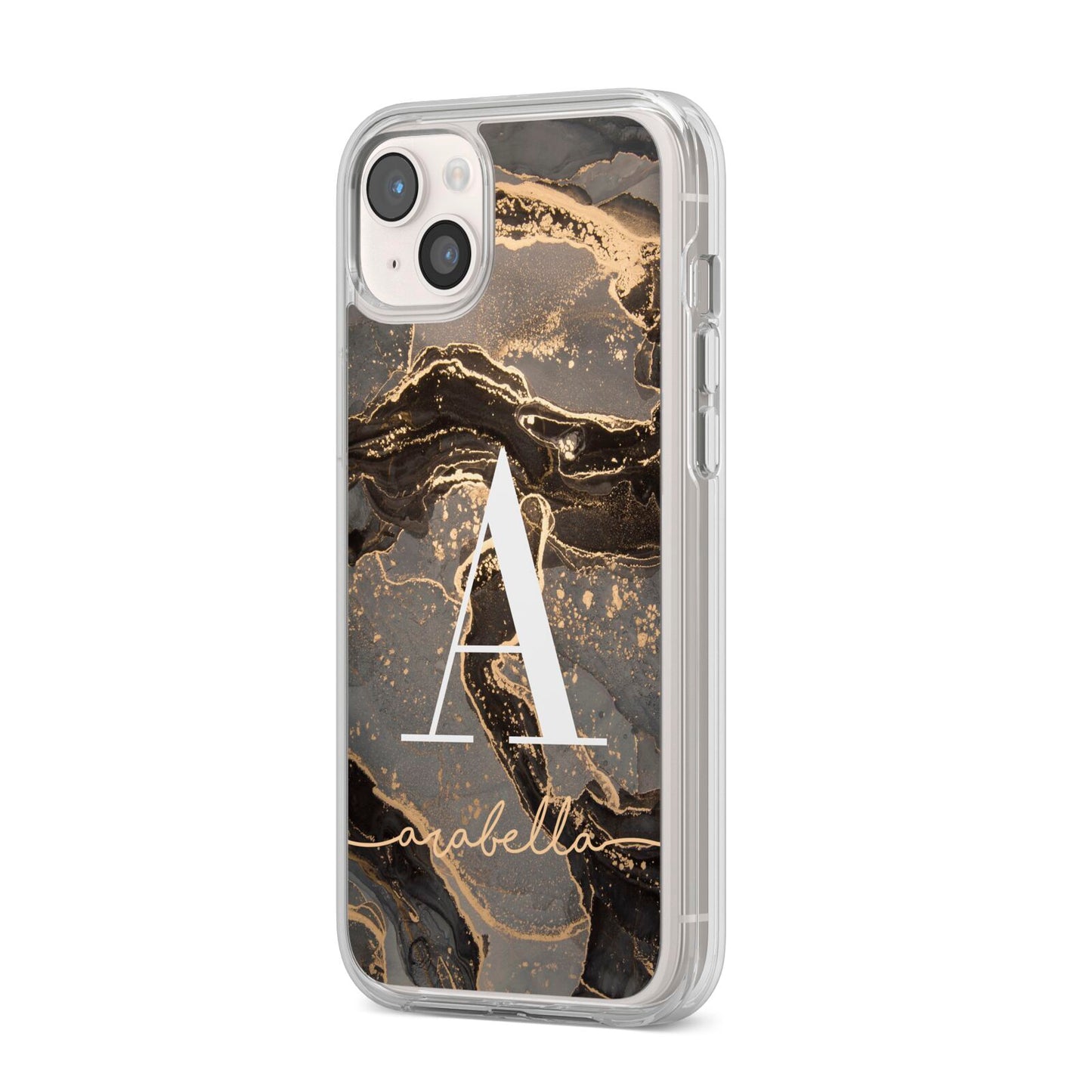 Black and Gold Marble iPhone 14 Plus Clear Tough Case Starlight Angled Image