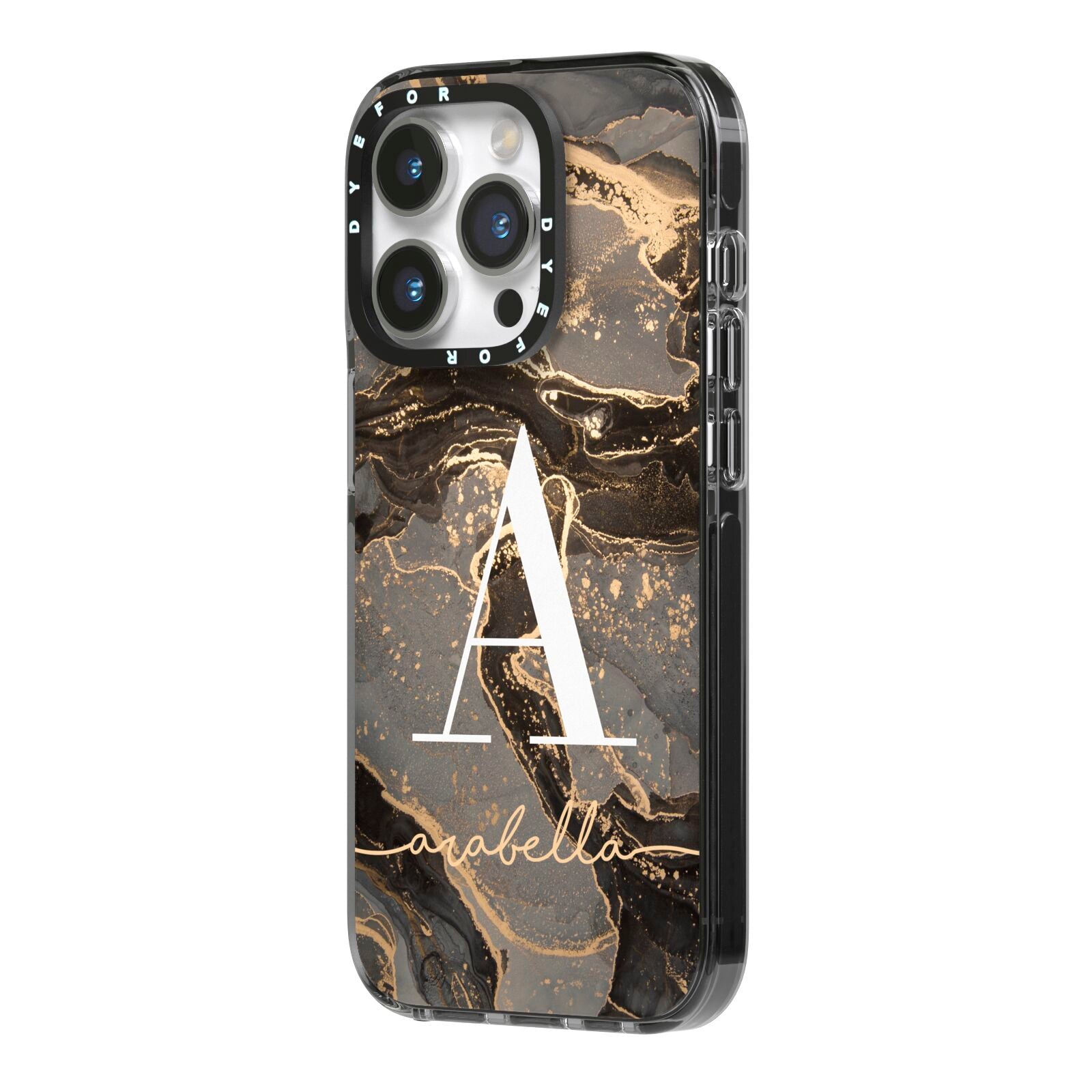 Black and Gold Marble iPhone 14 Pro Black Impact Case Side Angle on Silver phone
