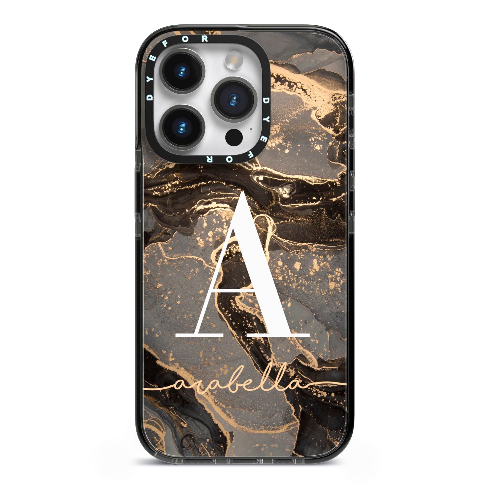 Black and Gold Marble iPhone 14 Pro Black Impact Case on Silver phone