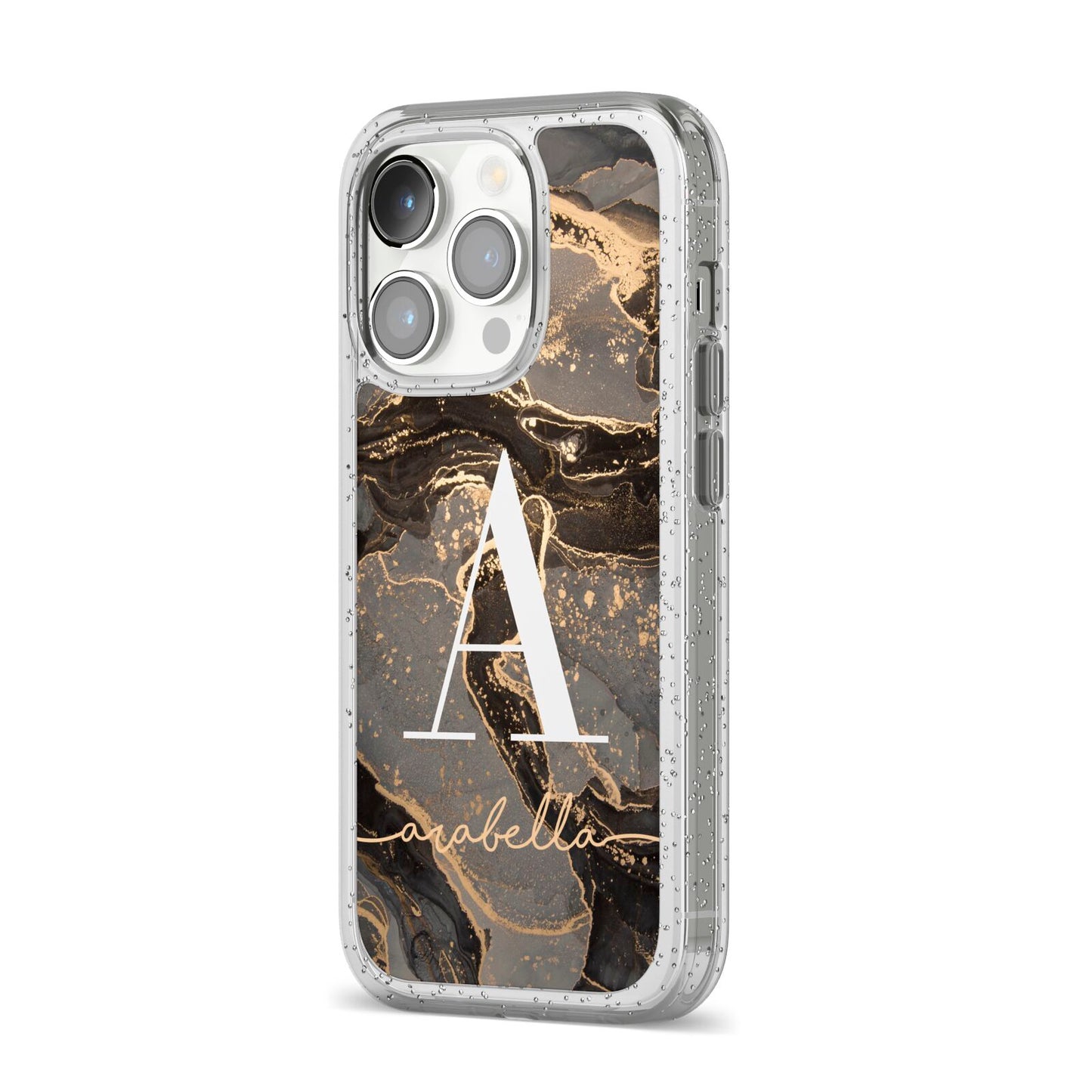 Black and Gold Marble iPhone 14 Pro Glitter Tough Case Silver Angled Image