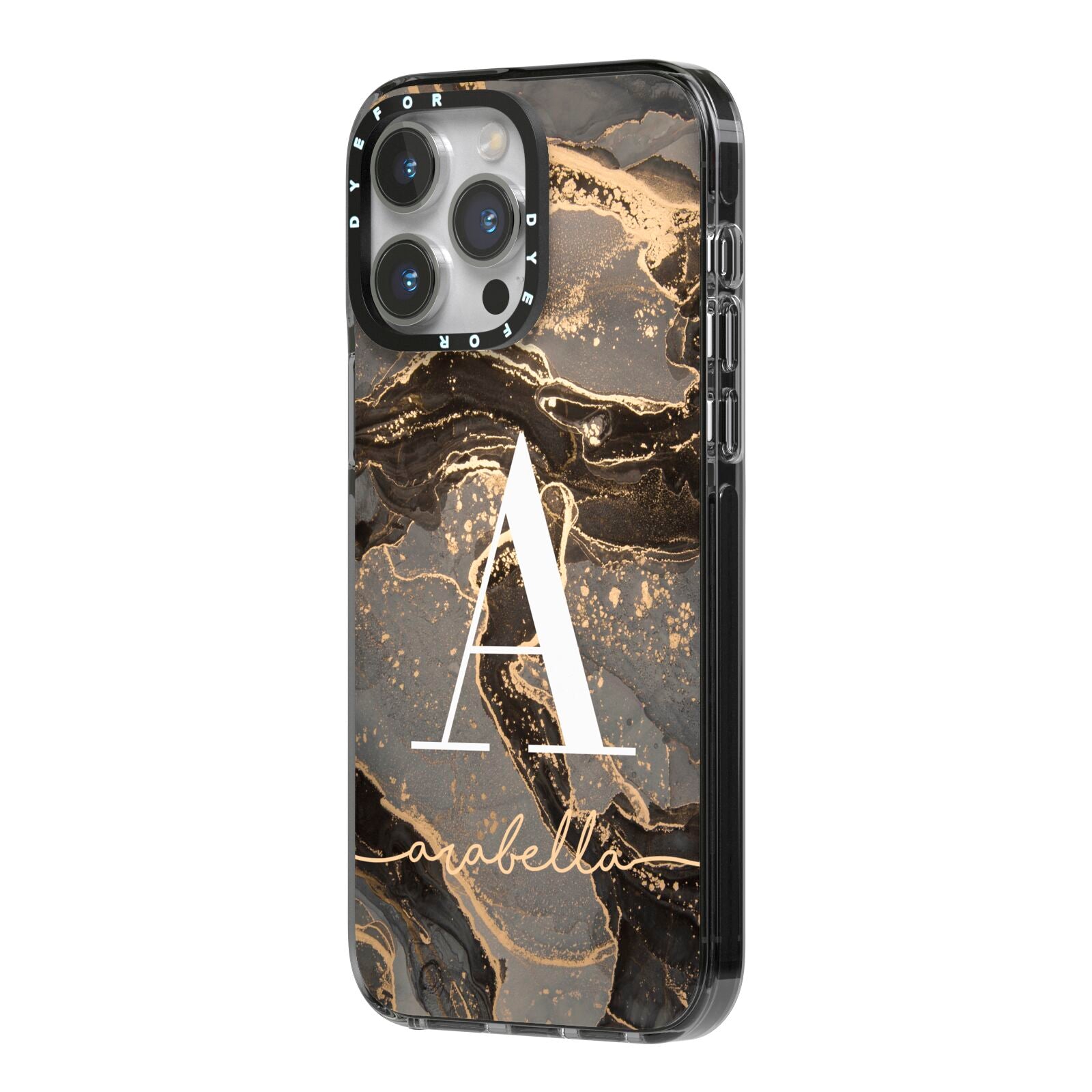 Black and Gold Marble iPhone 14 Pro Max Black Impact Case Side Angle on Silver phone