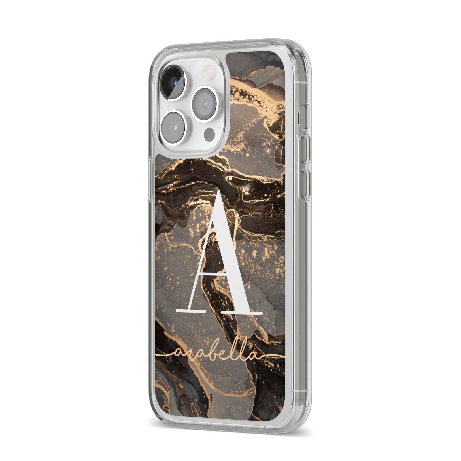 Black and Gold Marble iPhone 14 Pro Max Clear Tough Case Silver Angled Image