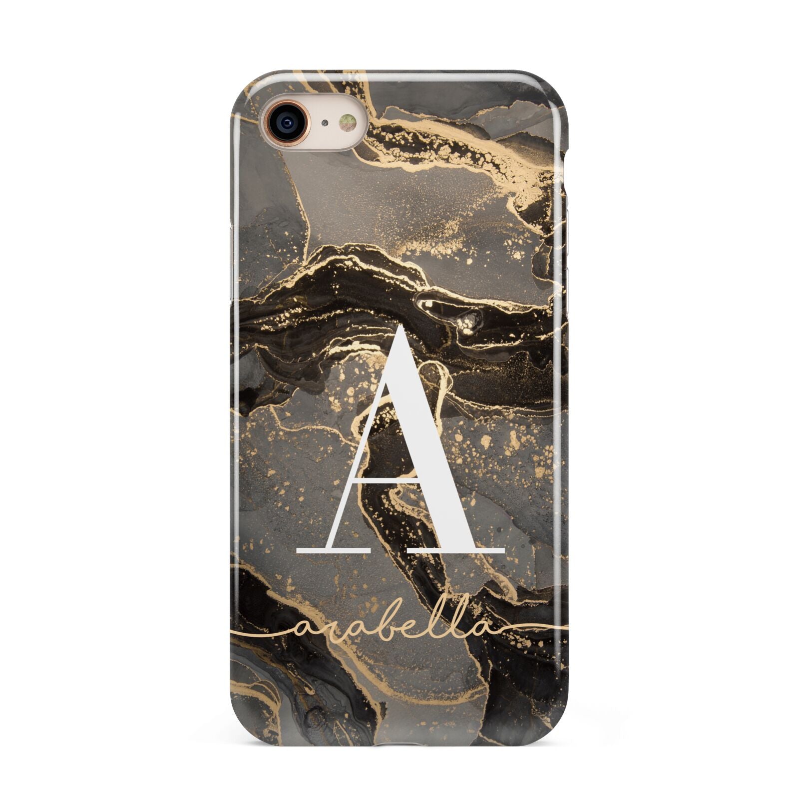 Black and Gold Marble iPhone 8 3D Tough Case on Gold Phone