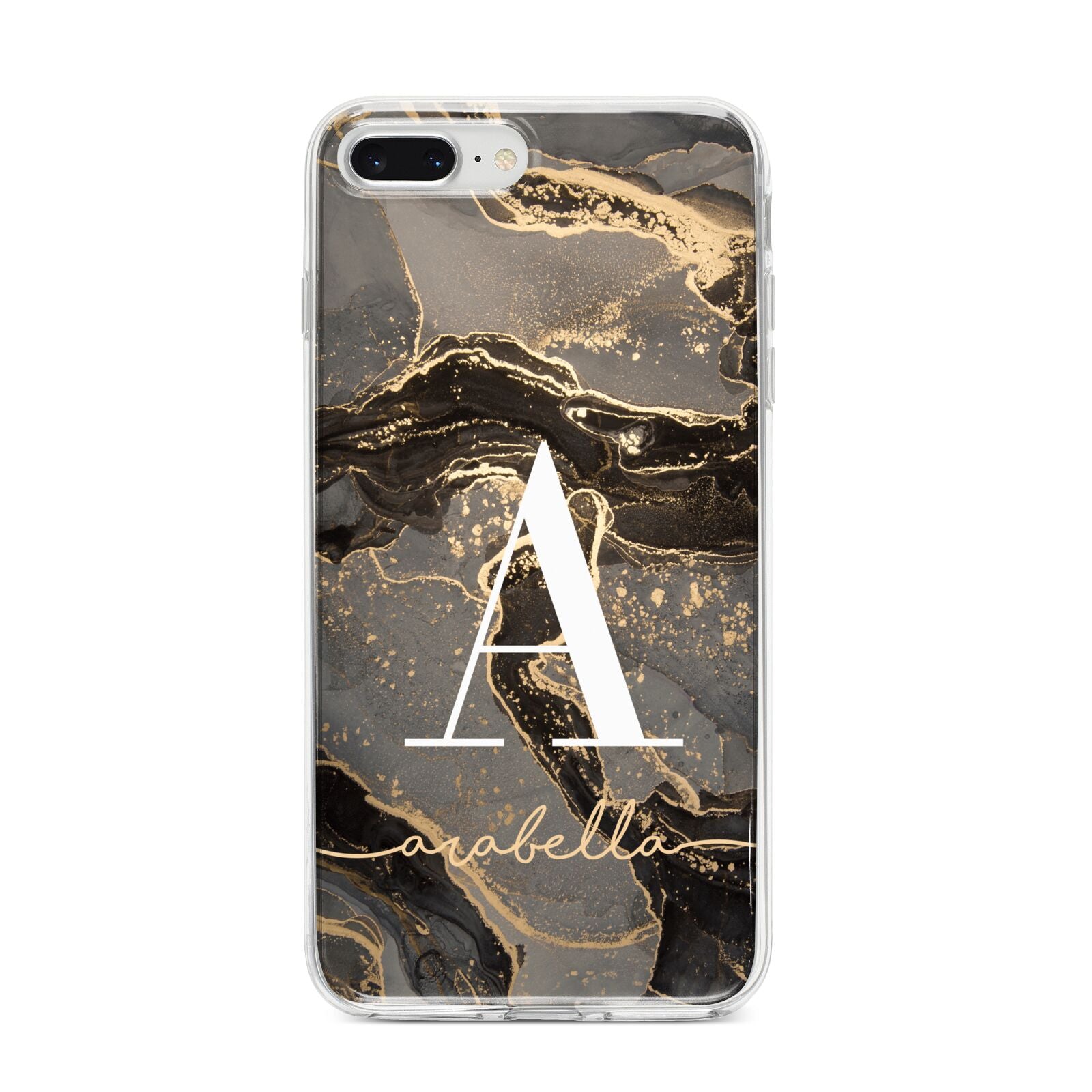Black and Gold Marble iPhone 8 Plus Bumper Case on Silver iPhone