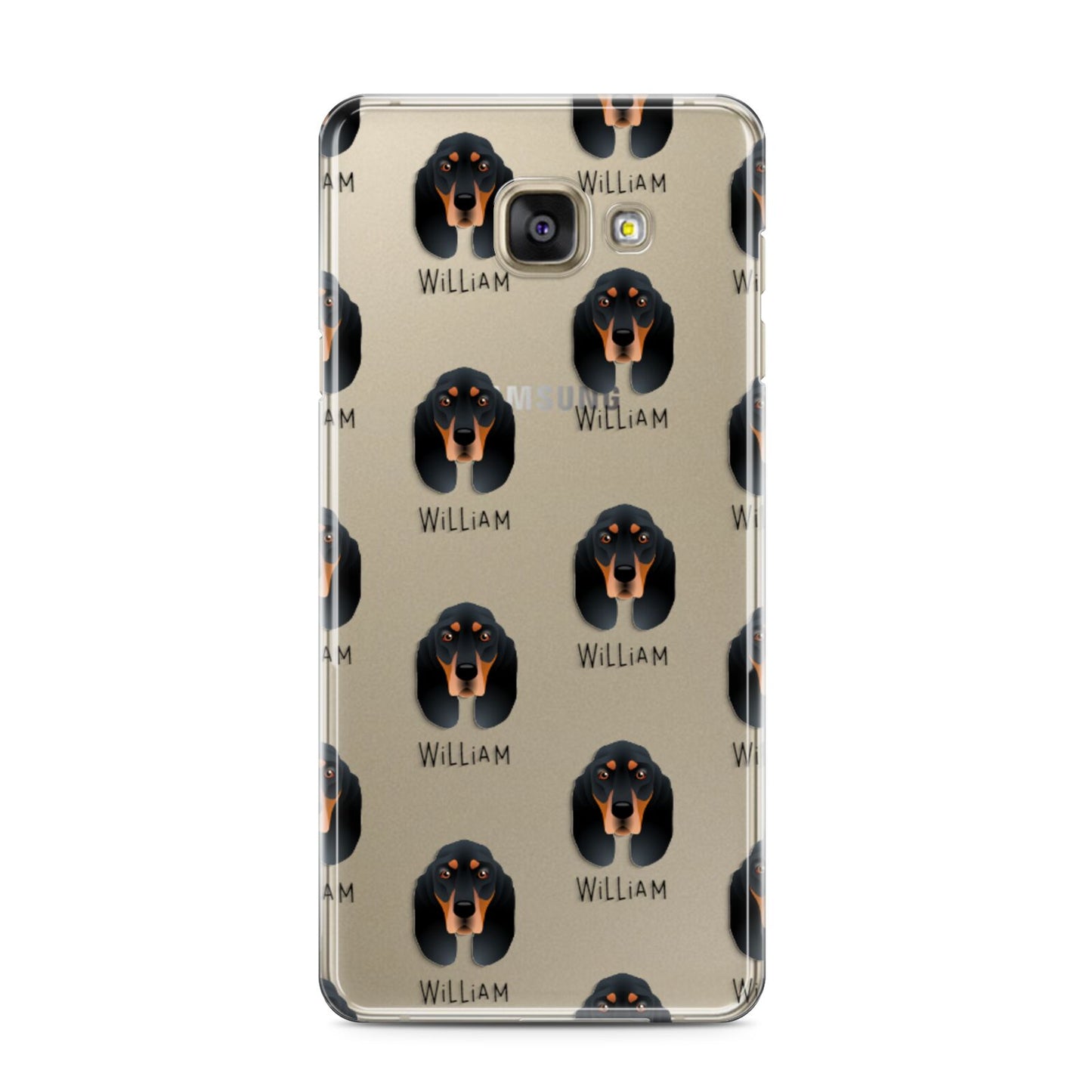 Black and Tan Coonhound Icon with Name Samsung Galaxy A3 2016 Case on gold phone