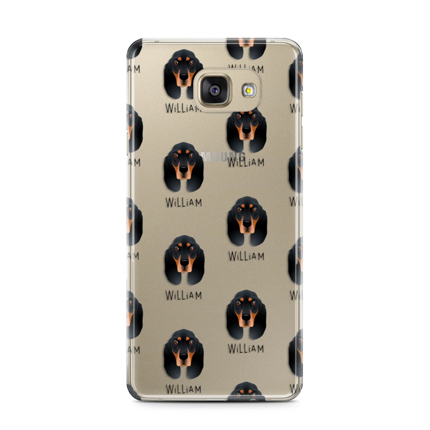 Black and Tan Coonhound Icon with Name Samsung Galaxy A7 2016 Case on gold phone