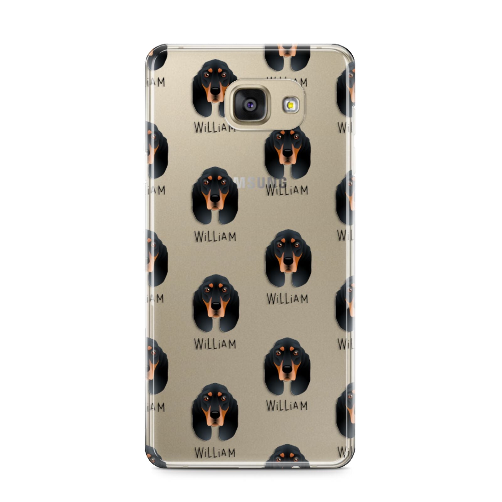 Black and Tan Coonhound Icon with Name Samsung Galaxy A9 2016 Case on gold phone