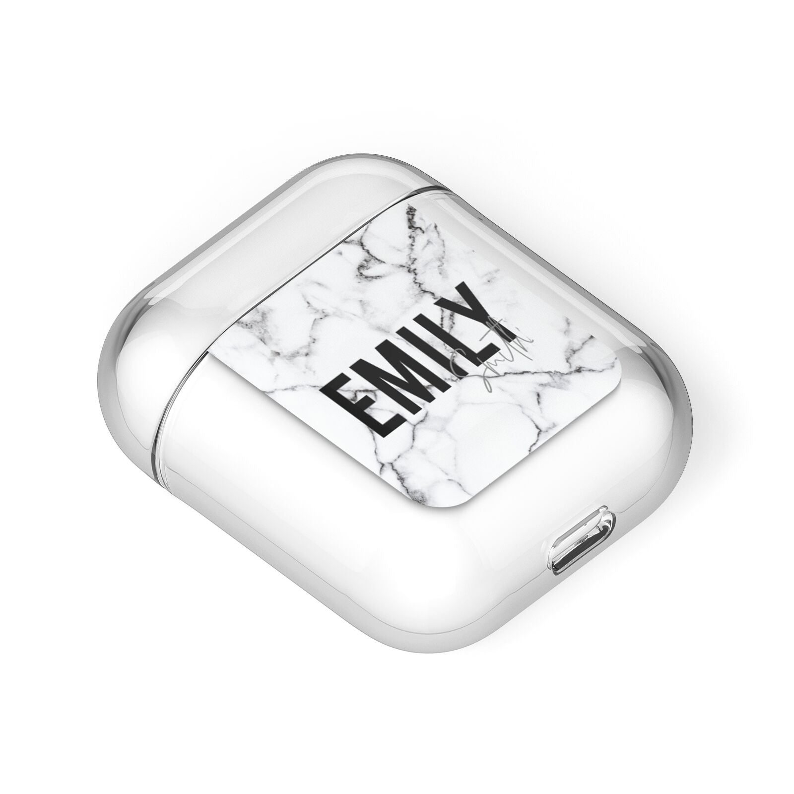 Black and White Personalised Marble Block Text AirPods Case Laid Flat