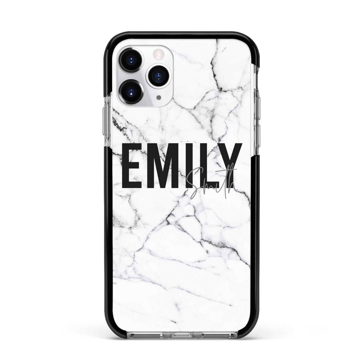 Black and White Personalised Marble Block Text Apple iPhone 11 Pro in Silver with Black Impact Case