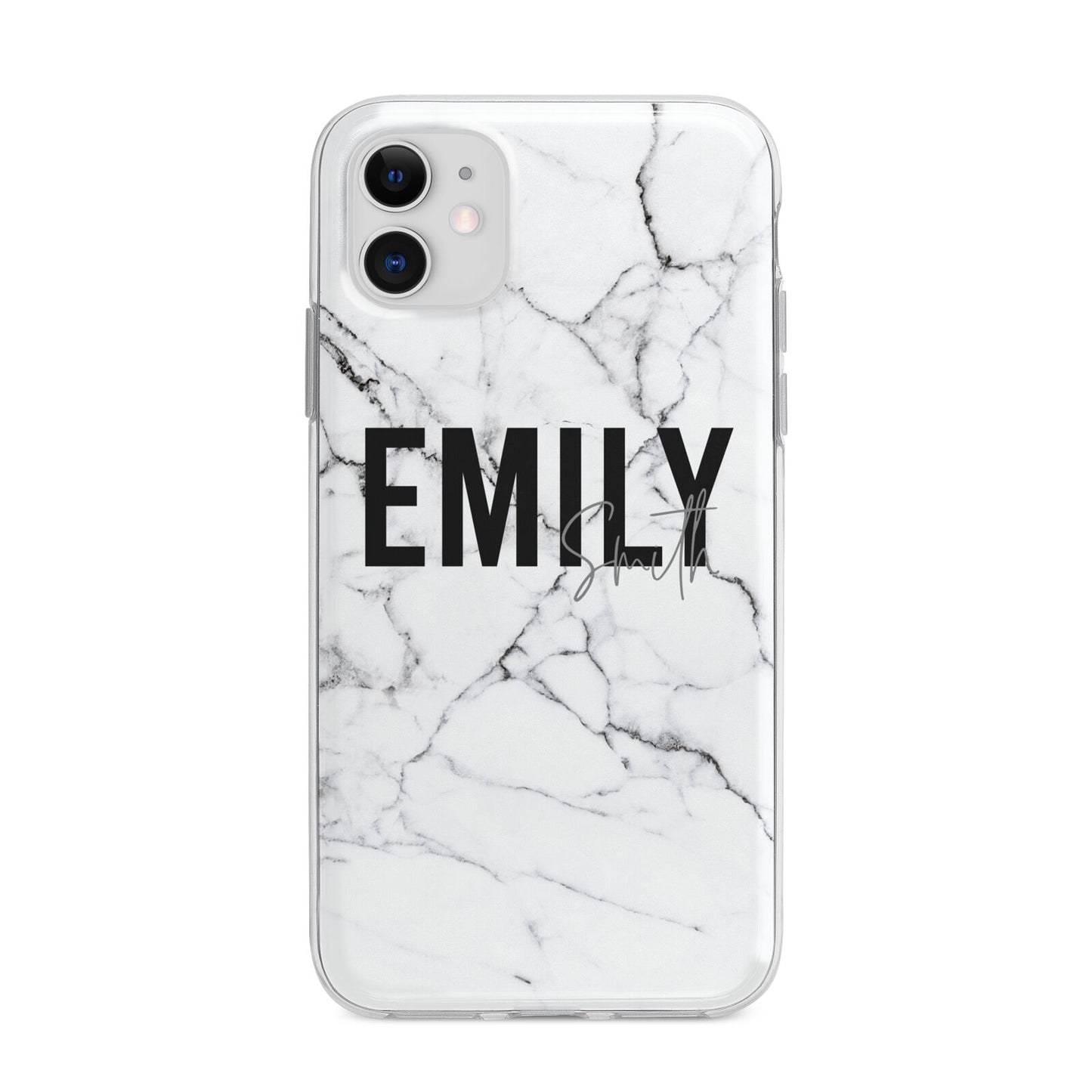 Black and White Personalised Marble Block Text Apple iPhone 11 in White with Bumper Case