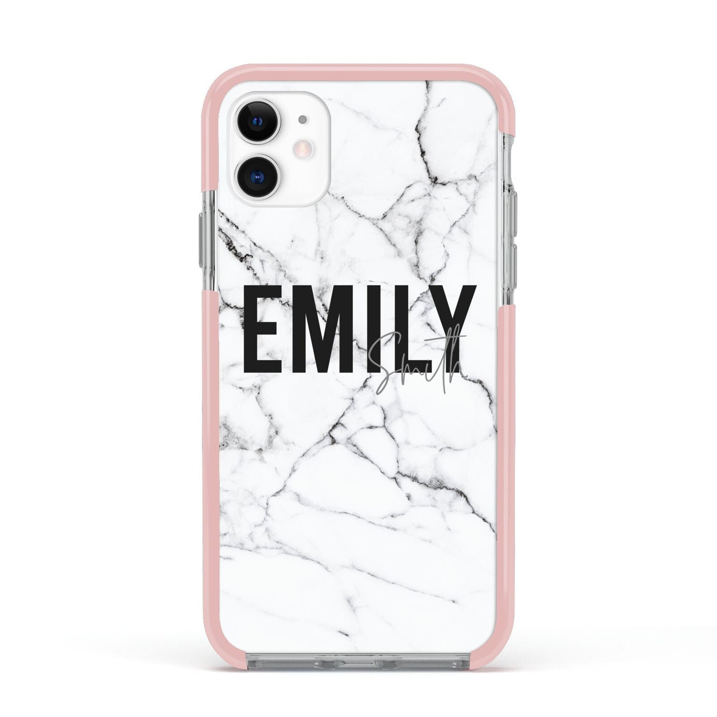 Black and White Personalised Marble Block Text Apple iPhone 11 in White with Pink Impact Case