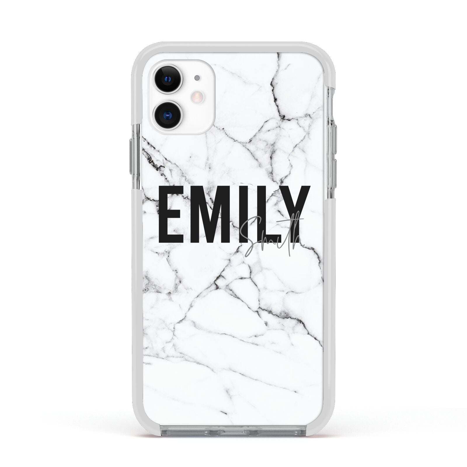 Black and White Personalised Marble Block Text Apple iPhone 11 in White with White Impact Case