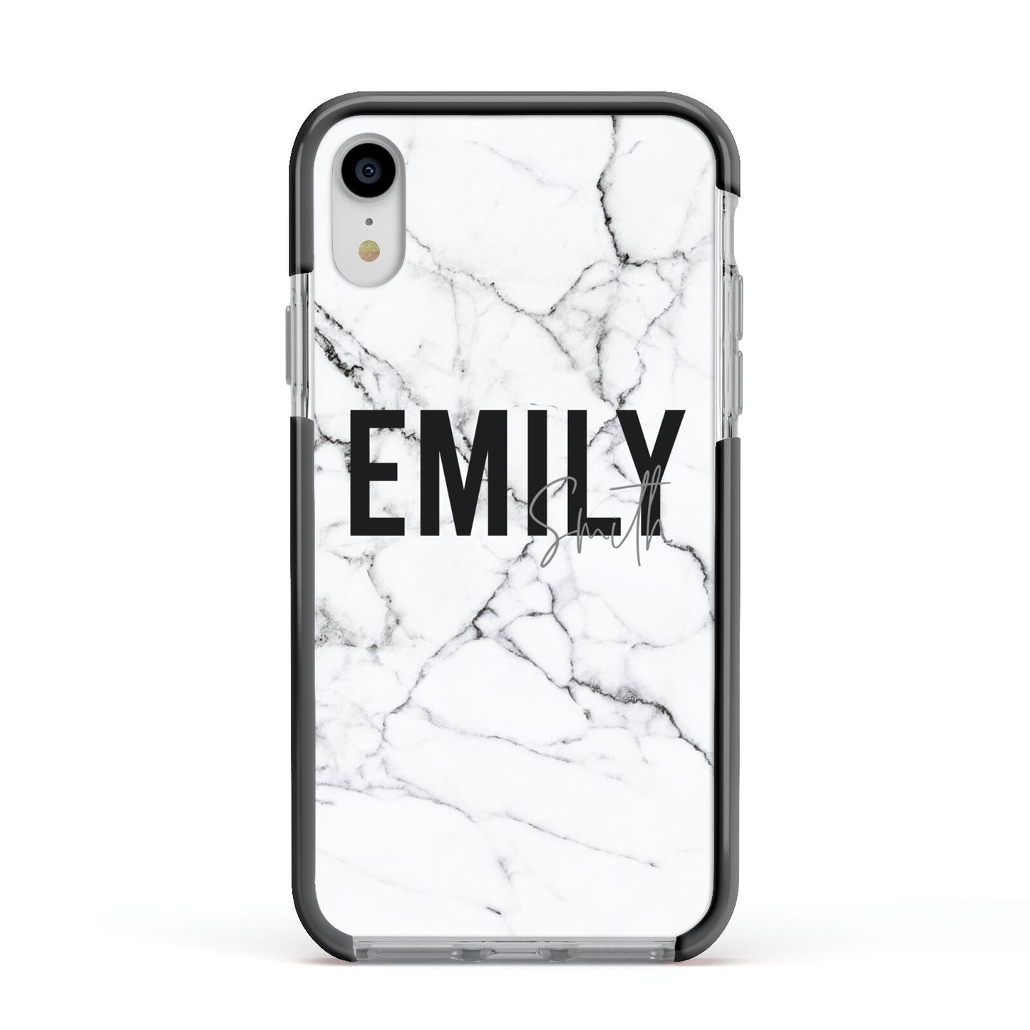 Black and White Personalised Marble Block Text Apple iPhone XR Impact Case Black Edge on Silver Phone