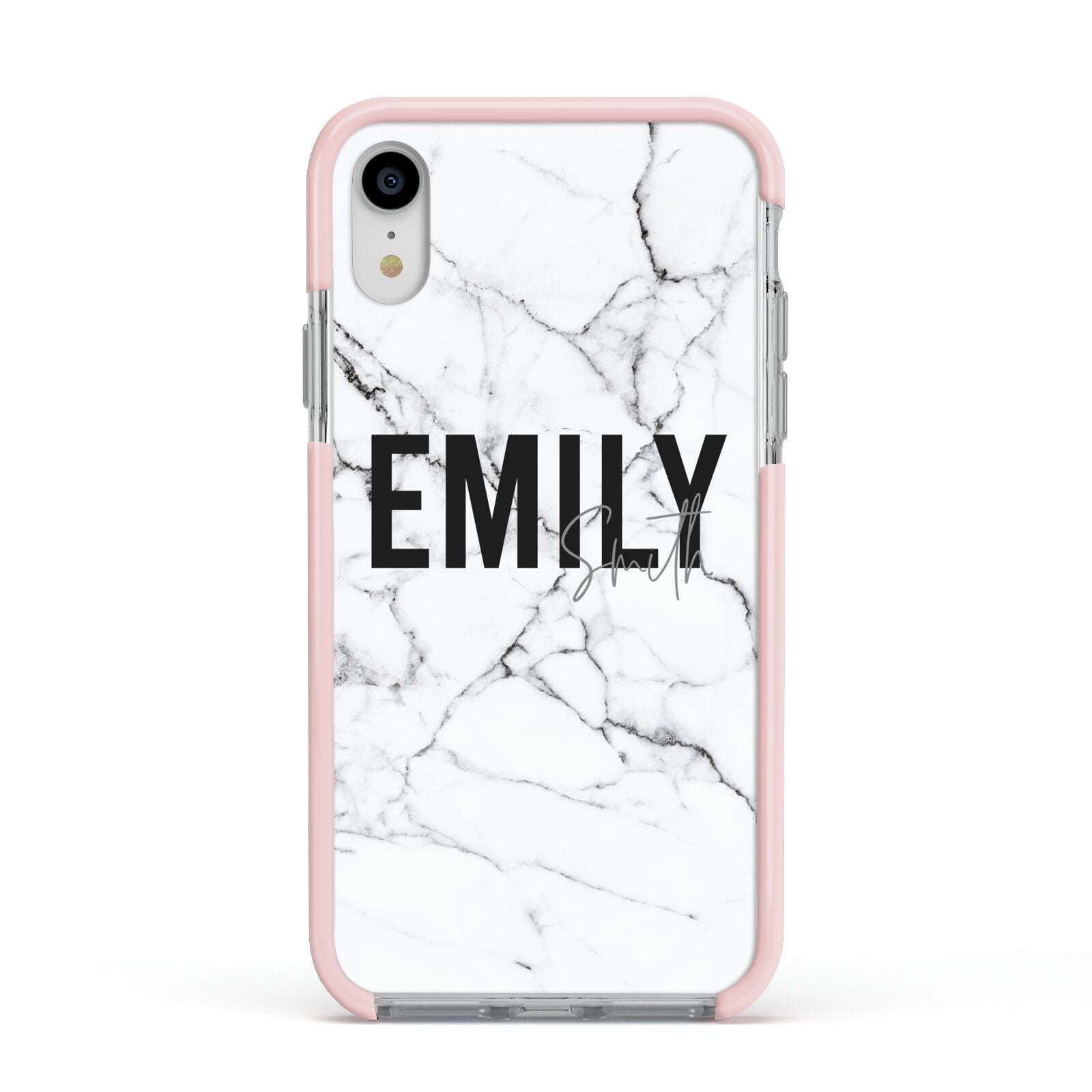 Black and White Personalised Marble Block Text Apple iPhone XR Impact Case Pink Edge on Silver Phone