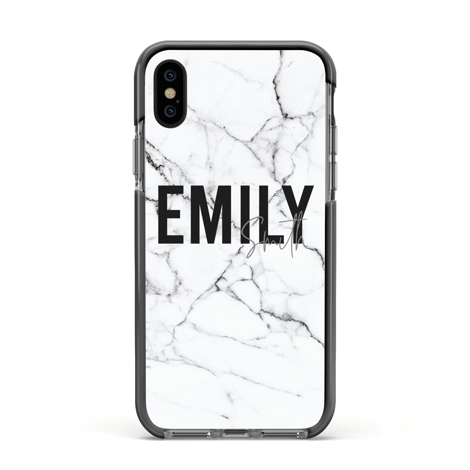 Black and White Personalised Marble Block Text Apple iPhone Xs Impact Case Black Edge on Black Phone