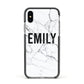 Black and White Personalised Marble Block Text Apple iPhone Xs Impact Case Black Edge on Silver Phone