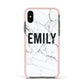 Black and White Personalised Marble Block Text Apple iPhone Xs Impact Case Pink Edge on Black Phone