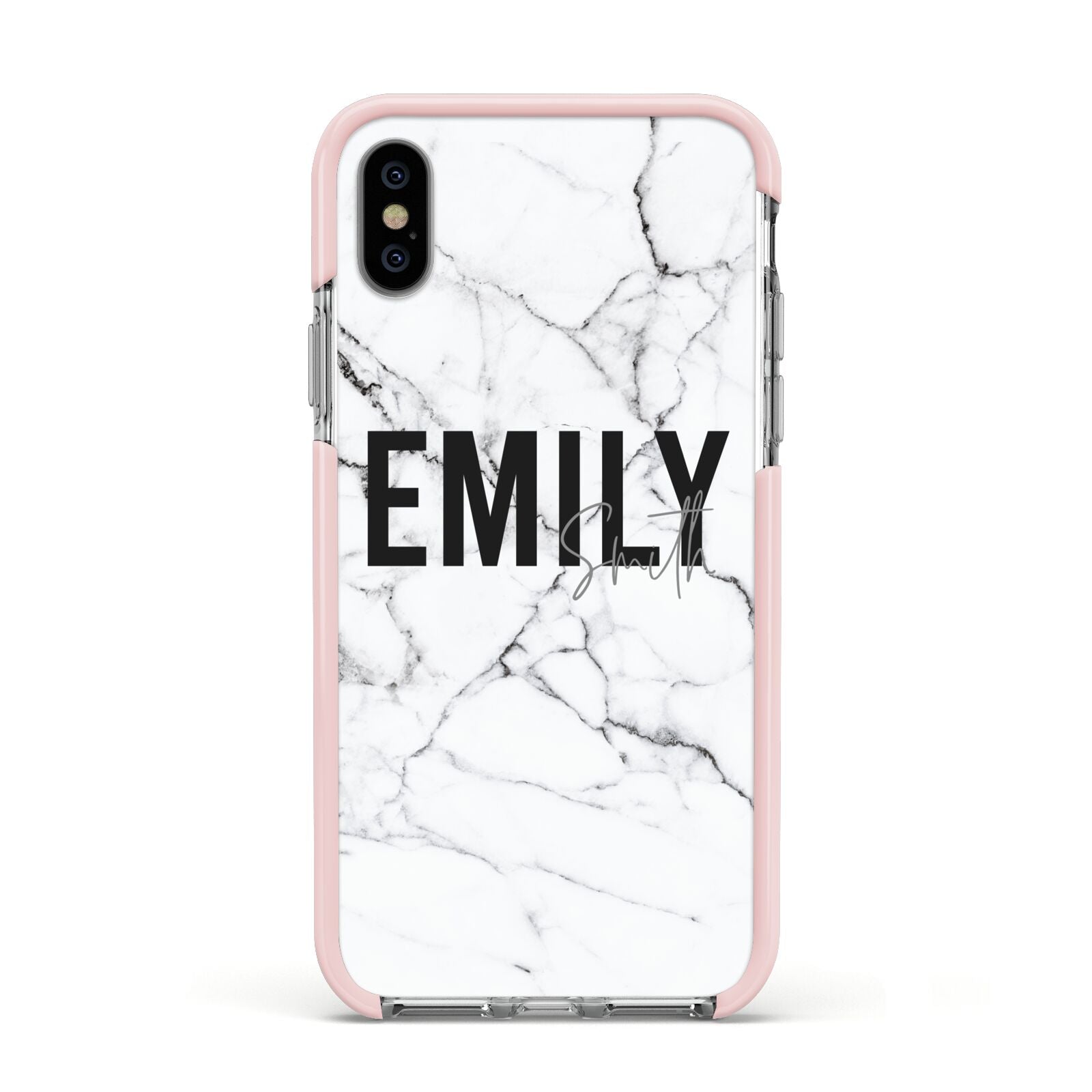 Black and White Personalised Marble Block Text Apple iPhone Xs Impact Case Pink Edge on Silver Phone