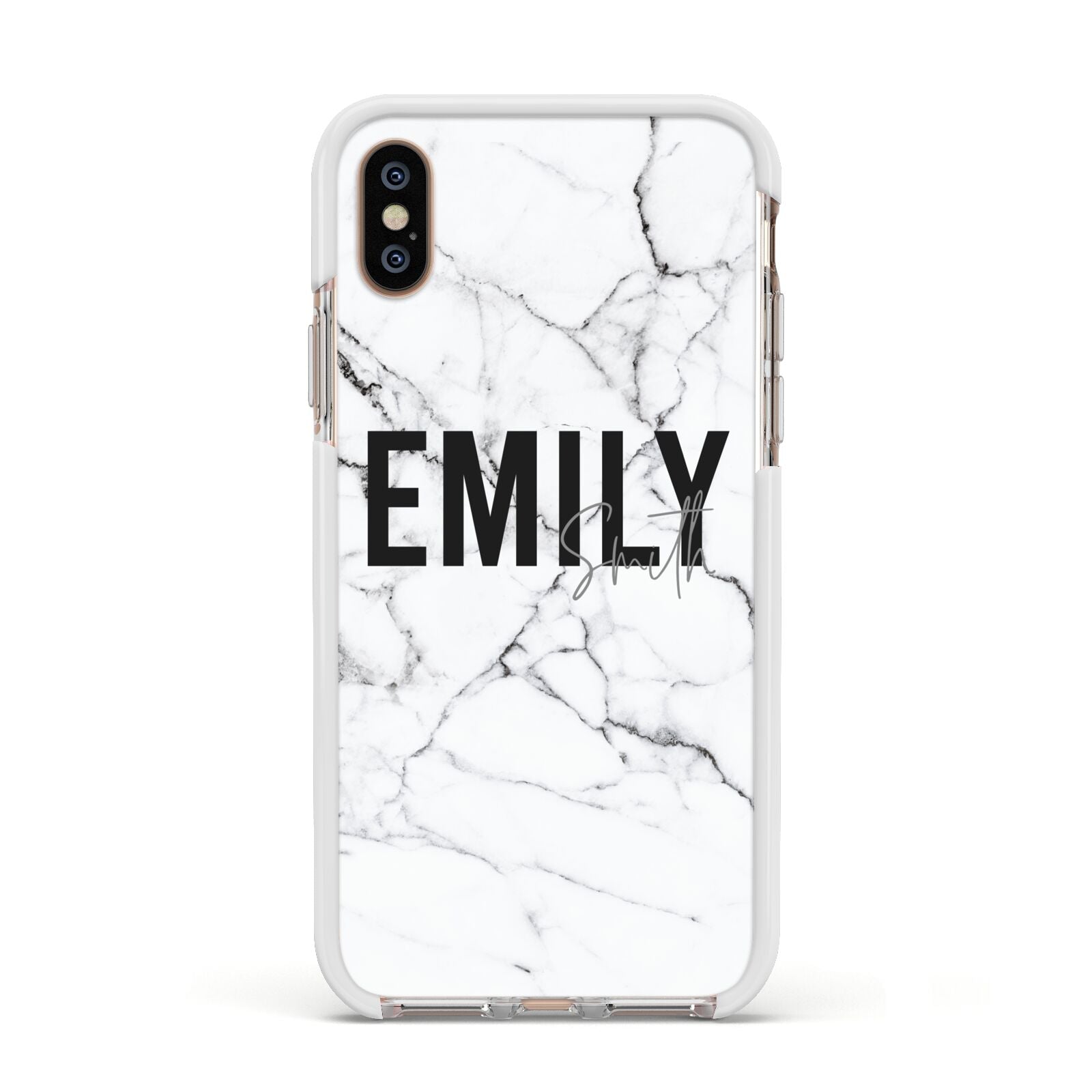 Black and White Personalised Marble Block Text Apple iPhone Xs Impact Case White Edge on Gold Phone