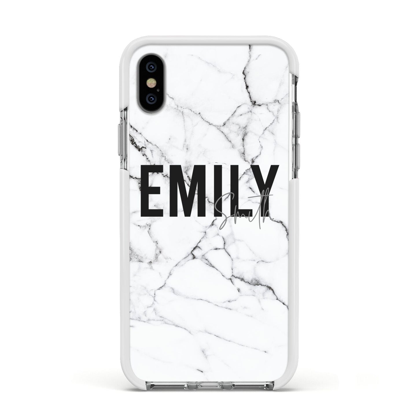 Black and White Personalised Marble Block Text Apple iPhone Xs Impact Case White Edge on Silver Phone
