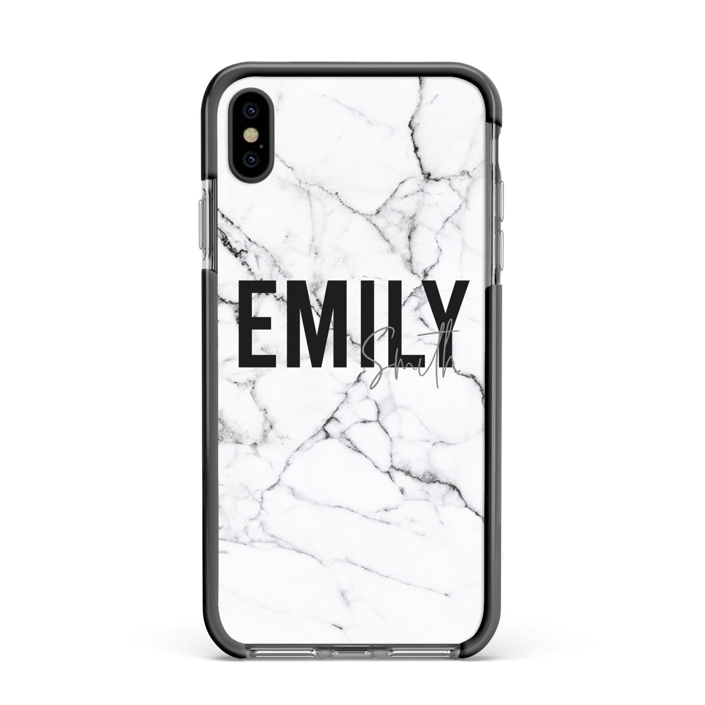 Black and White Personalised Marble Block Text Apple iPhone Xs Max Impact Case Black Edge on Black Phone